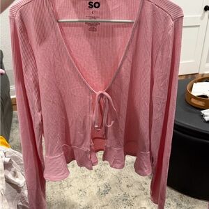 SO Light Pink Ribbed V-Neck Blouse